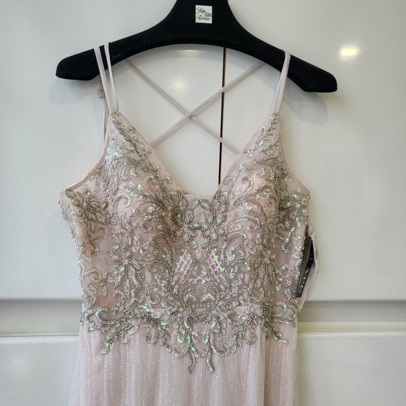 XSCAPE ! Flared Hem Sequined Mesh Gown - Picture 3 of 14